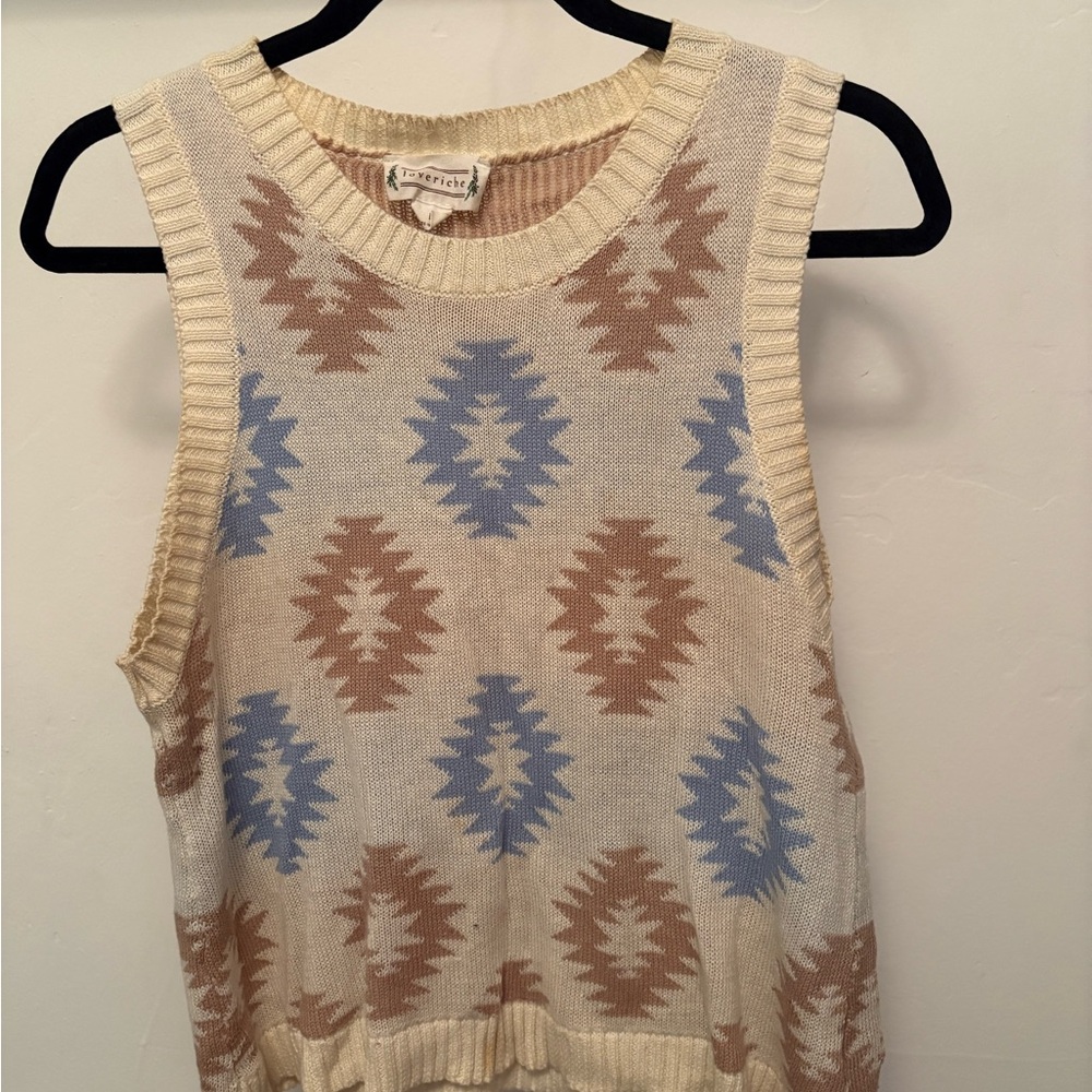 Anthropologie Cream and Blue Patterned Tank Top